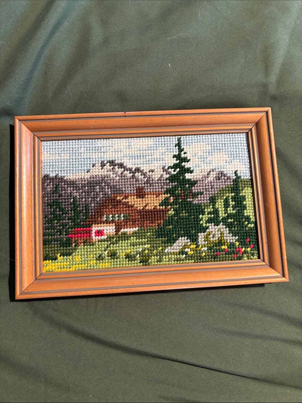 Framed Cross-Stitch Landscape with Cabin and Pine
